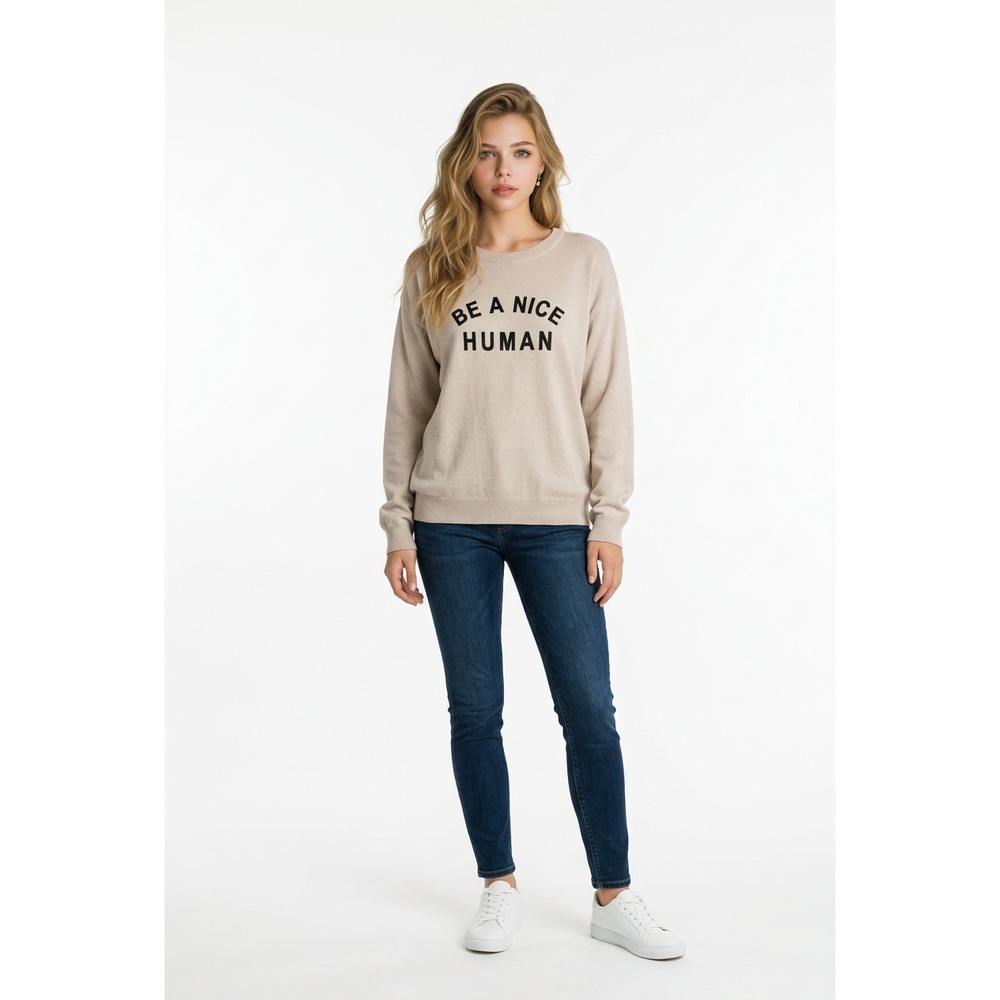 Be A Nice Human Graphic Sweatshirt Tan Beige Crewneck Pullover Womens Medium